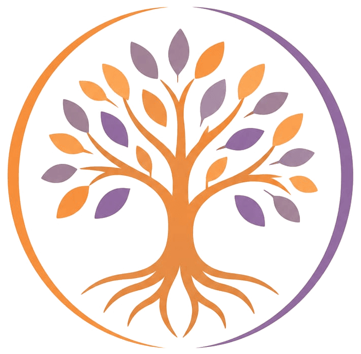 Árbol del logo de Espacio Esencia: un árbol con raíces y hojas naranjas y violetas dentro de un círculo.