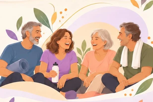 Ilustración de cuatro adultos sonrientes sentados conversando, con mat de yoga y botella de agua.
