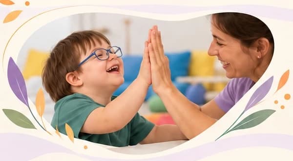 Niño con anteojos chocando las manos con una profesional, ambos sonriendo.