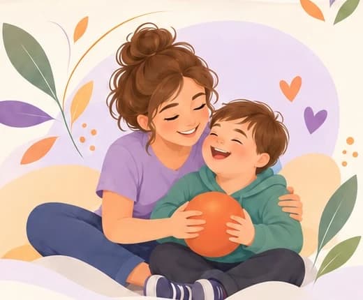 Ilustración de una mujer abrazando a un niño sonriente que sostiene una pelota.
