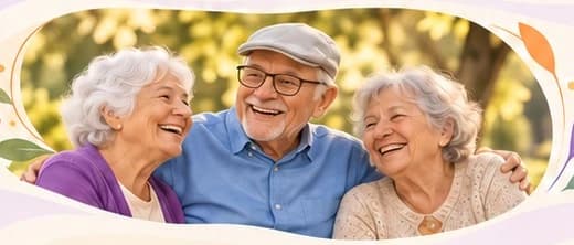 Tres adultos mayores abrazados y sonriendo al aire libre.
